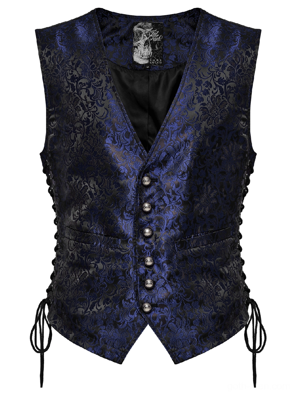 Front flat lay of black-blue gothic waistcoat showing dark floral jacquard pattern, metal front buttons, V-neck neckline, and detailed fabric texture