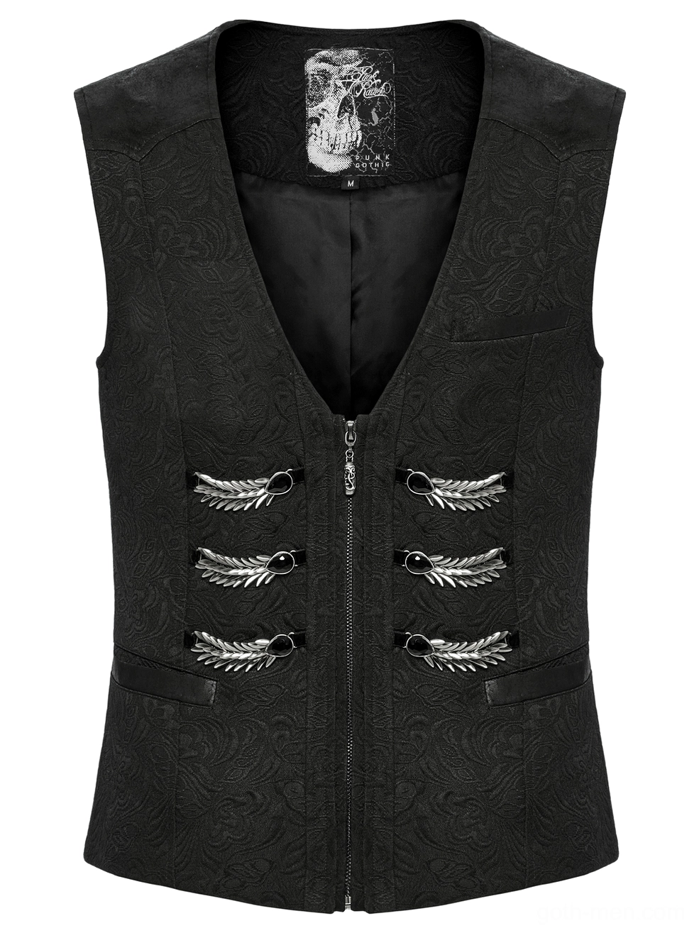 Front flat lay of black gothic waistcoat displaying V-neck design, branded inner lining, and ornamental metal rows