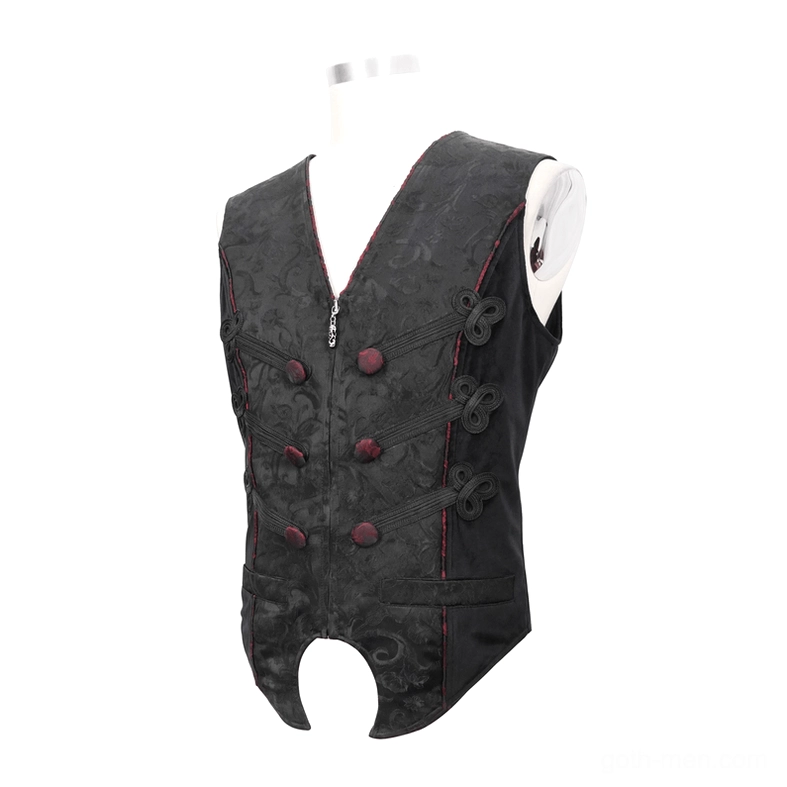 Black gothic waistcoat mannequin display showing front frog fasteners curved hem notch and red button accents
