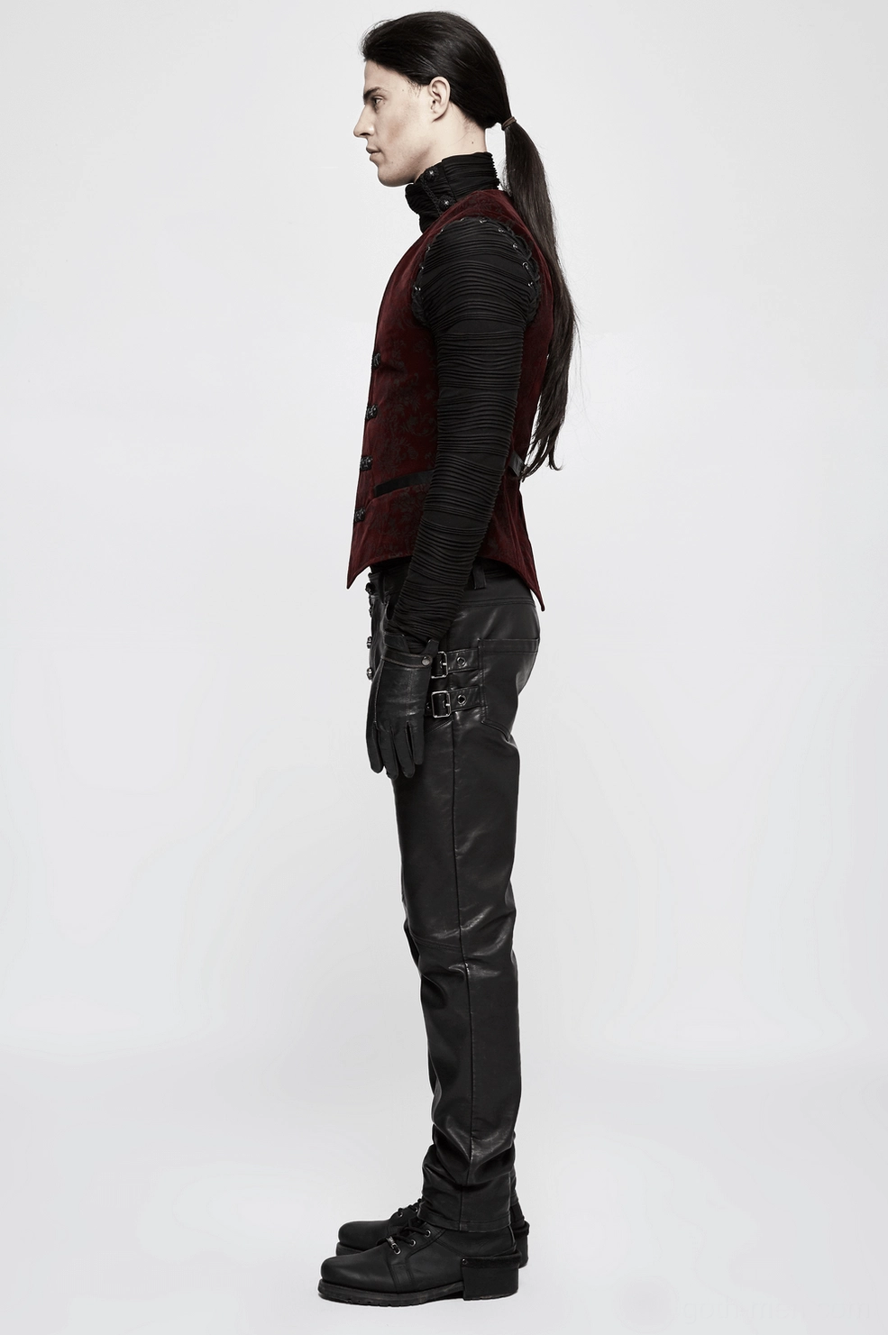 Front full-body view of wine red gothic damask velveteen waistcoat on male model with braided toggle fasteners