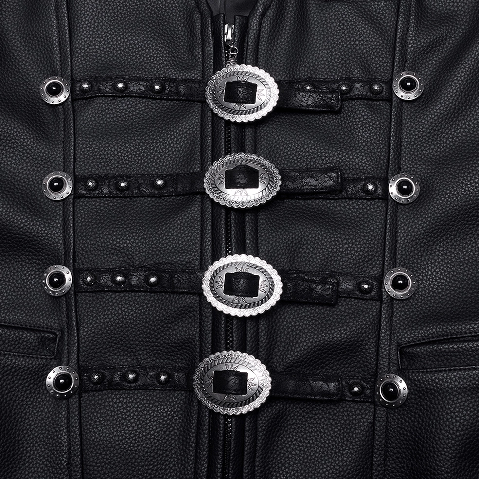 Close-up of front metal buckle decorations and oval studs on gothic faux leather waistcoat