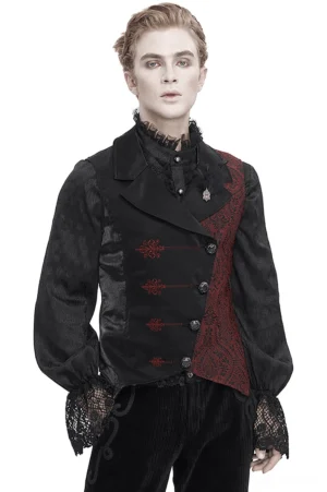 Black wine red Victorian gothic embroidered waistcoat front view on male model, red paisley embroidery and lace cuffs detail