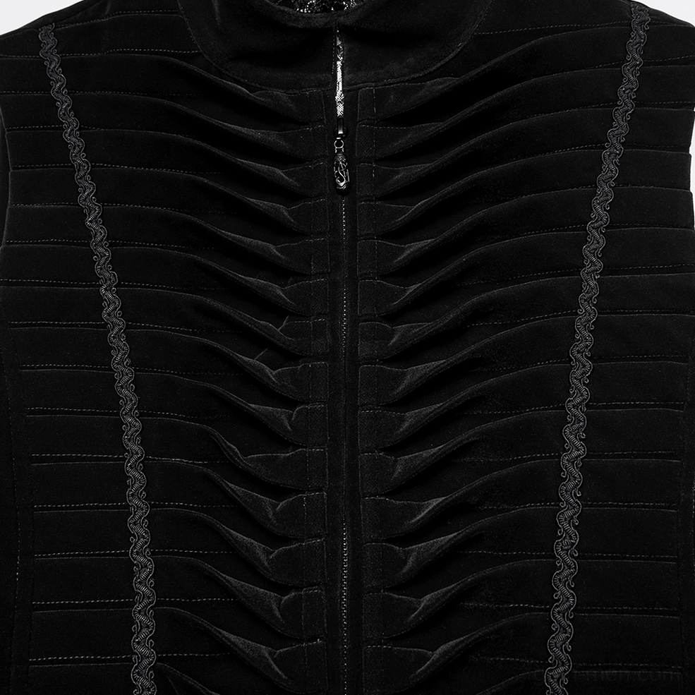 Front placket close-up showing zip closure, structured pleats, and lace trim on gothic waistcoat