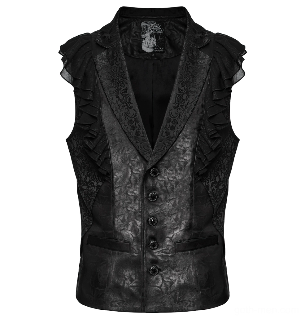 Victorian gothic waistcoat front flat lay display - notched lapel with decorative flap pockets and ornate buttons