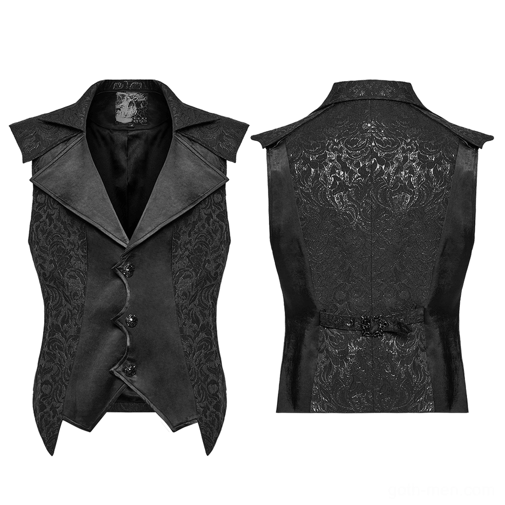 Black gothic jacquard waistcoat flat lay front and rear comparison showing notched lapel, decorative buttons, back waist buckle, and asymmetrical closure