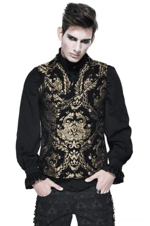 Black gold damask gothic waistcoat front view worn by male model showing ornate double-breasted design