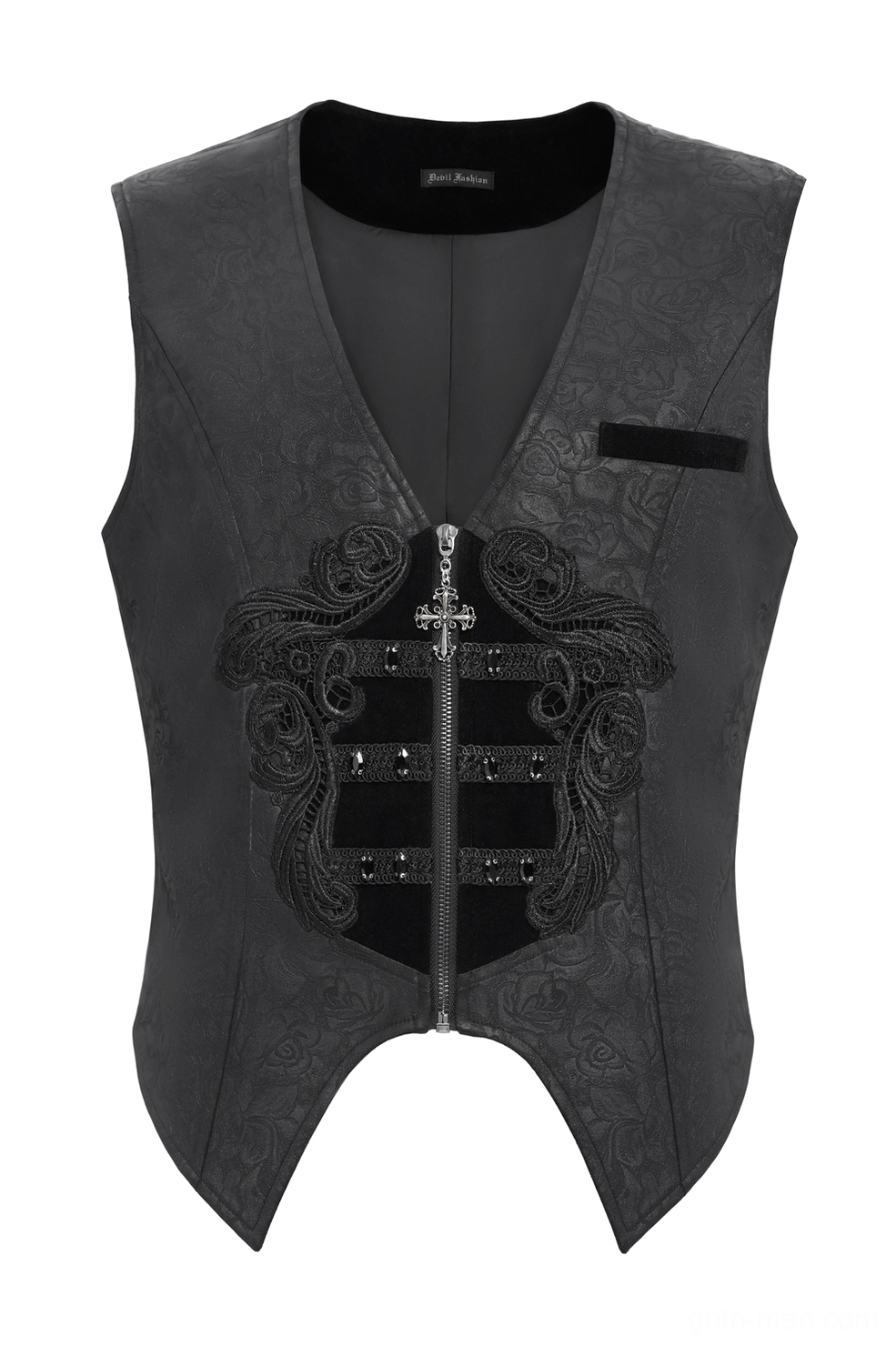 Gothic waistcoat front flat lay detail showing velvet V-neck trim and decorative embroidery