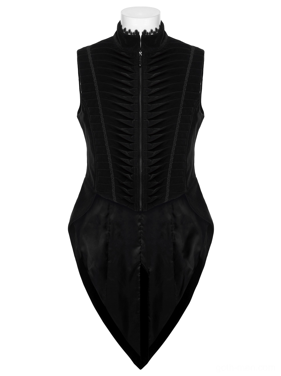 Black sleeveless gothic waistcoat front view with zip closure, structured pleats, and satin hem
