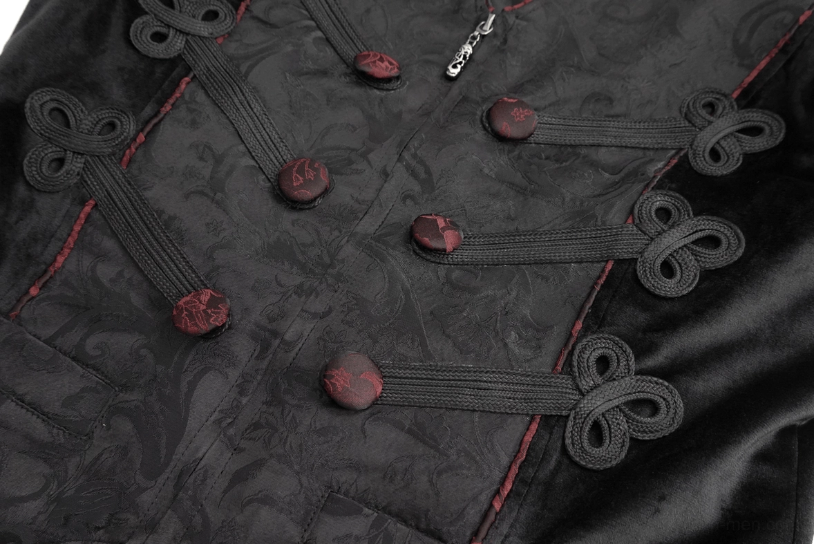 Close-up front zipper and decorative frog fastener detail on black gothic waistcoat with red button accents