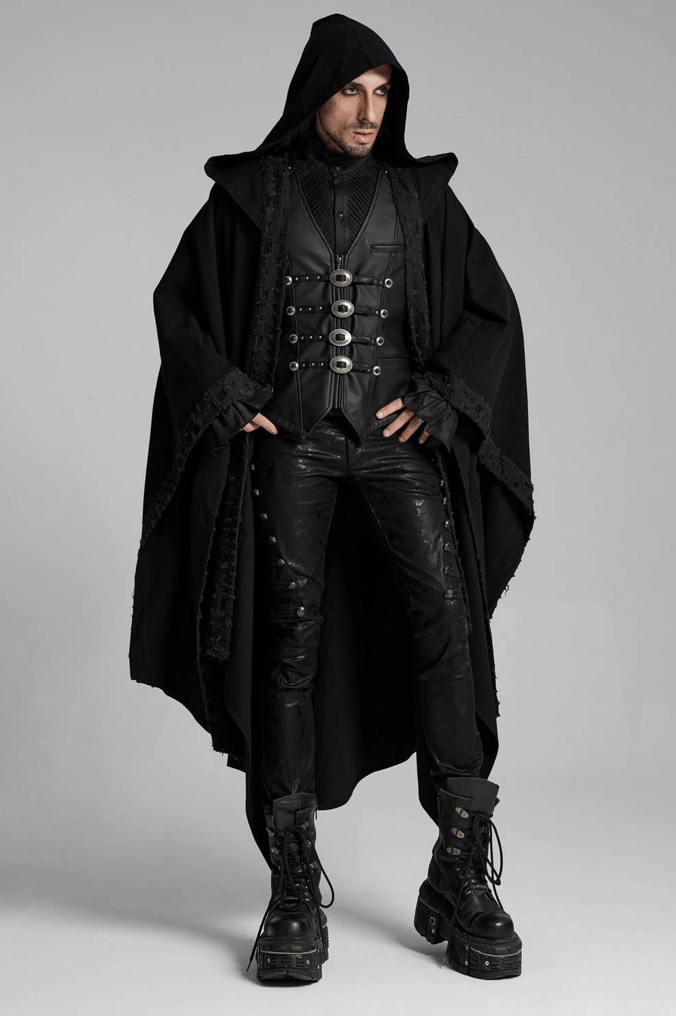 Full-length view of gothic faux leather waistcoat showcasing fitted silhouette and angular design lines