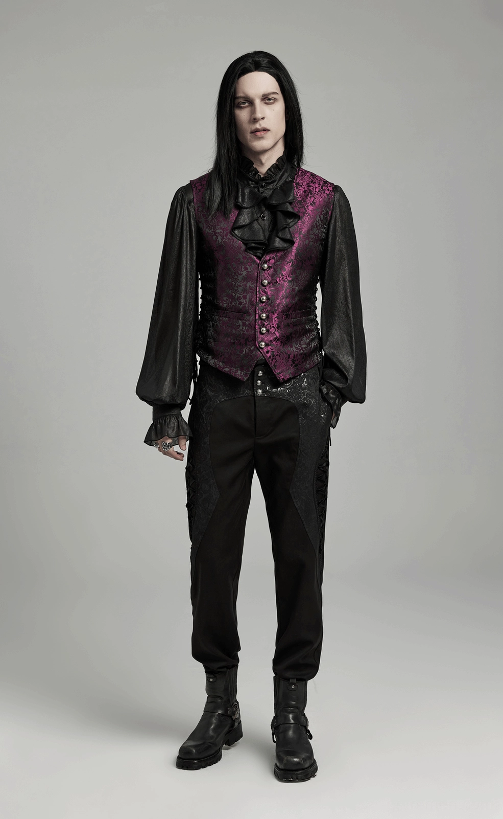 Full length product photography of purple black gothic men's waistcoat on mannequin