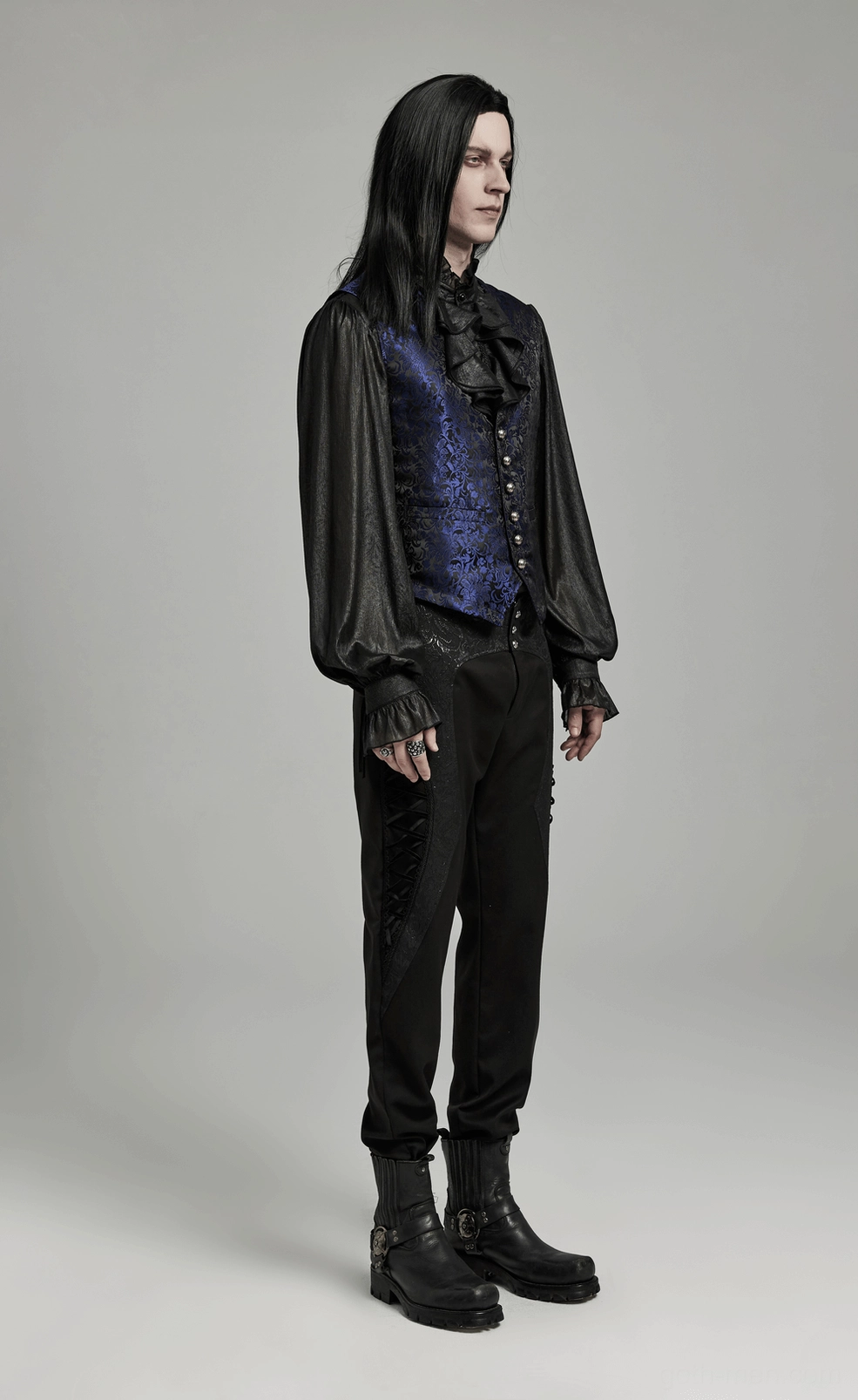 Black-blue jacquard gothic waistcoat full-body styling on model demonstrating dark alternative fashion aesthetic and gothic subculture appeal