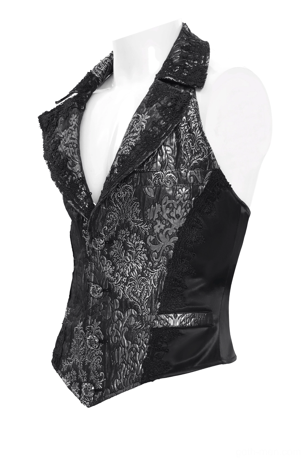 Black silver gothic waistcoat three-quarter view halter neckline lace side panels and plunging front