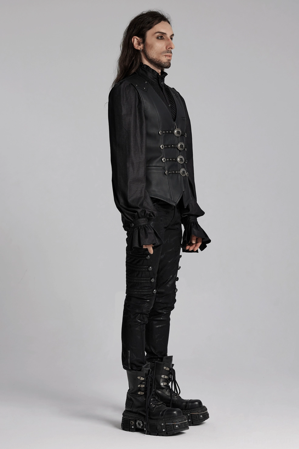 Gothic faux leather waistcoat metal hardware details showing carved rivet loops and fasteners