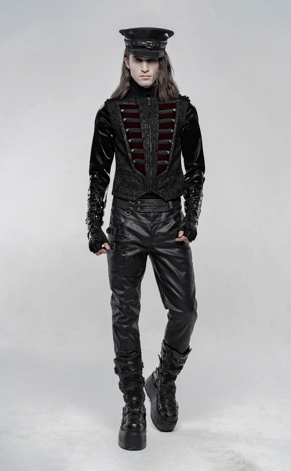 Interior lining view of black jacquard gothic waistcoat showing polyester construction