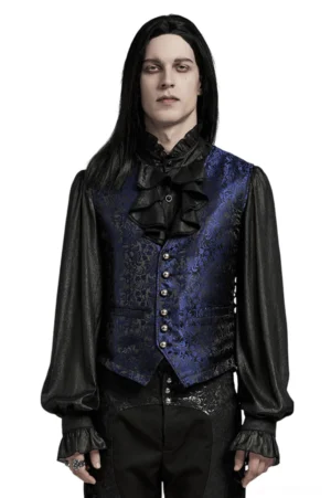 Black-blue jacquard gothic waistcoat with metal buttons and side lacing worn by long-haired male model, front full-body view with formal shirt