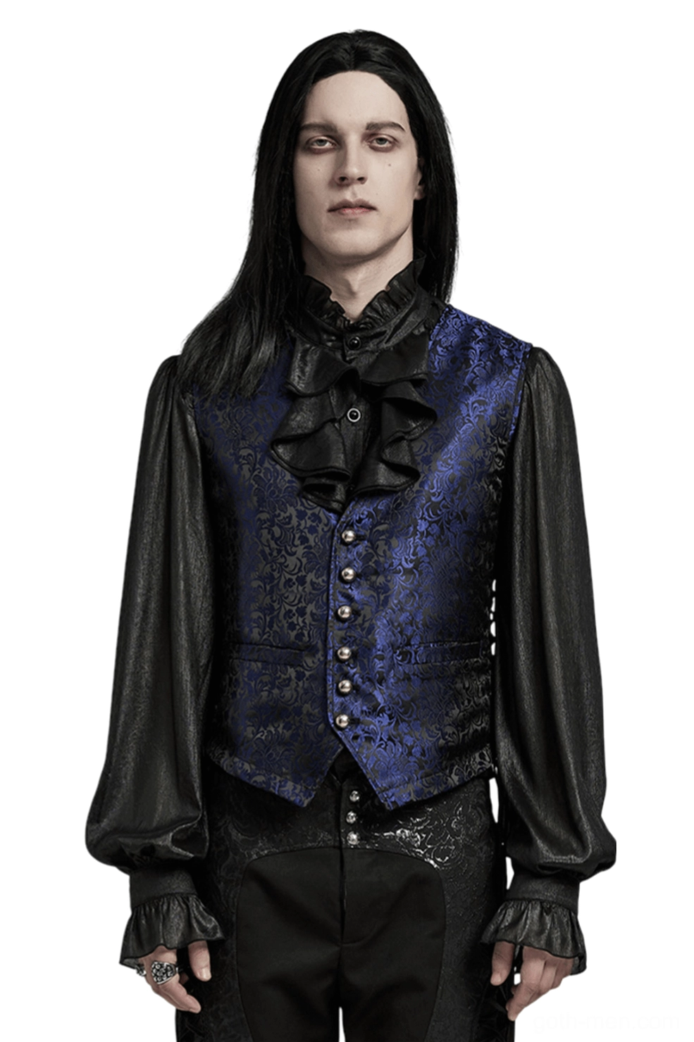 Black-blue jacquard gothic waistcoat with metal buttons and side lacing worn by long-haired male model, front full-body view with formal shirt