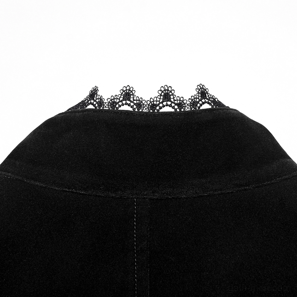 Close-up detail of lace-trimmed stand collar on black velvet gothic waistcoat