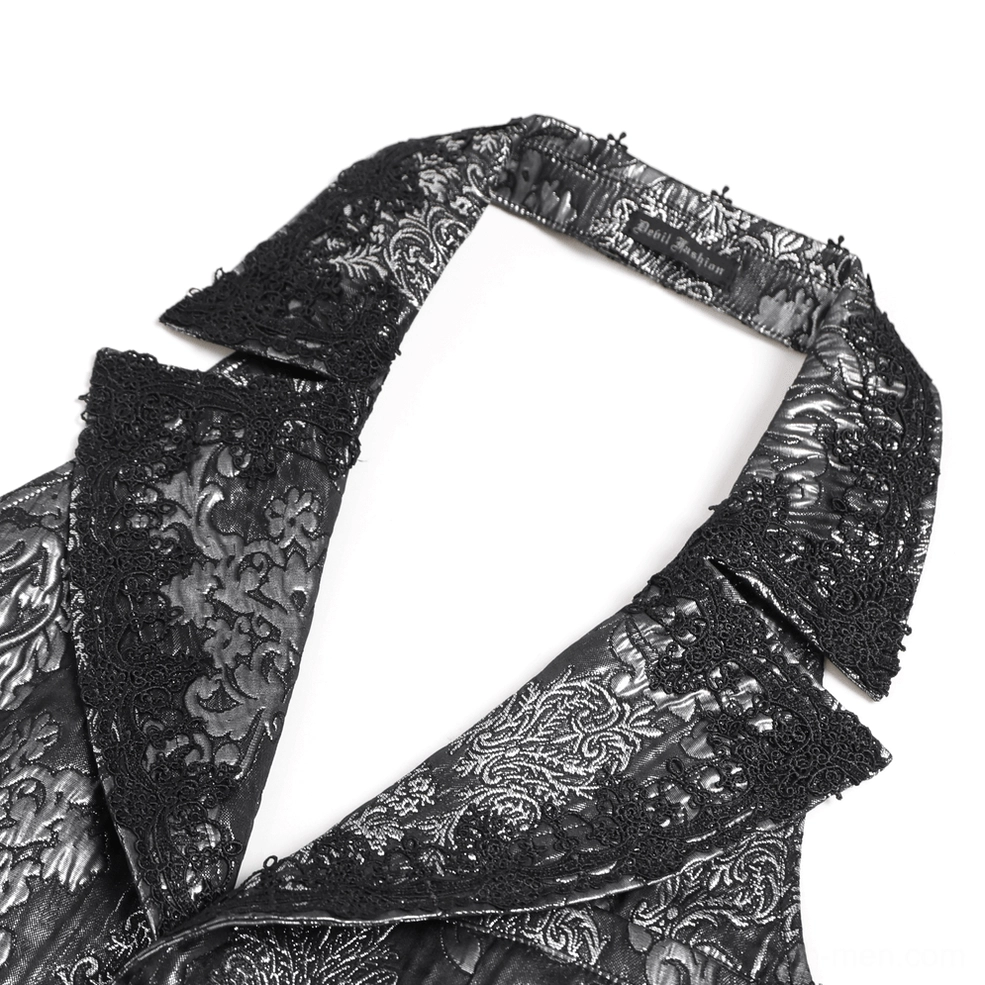 Black silver gothic waistcoat lapel collar close-up lace trim jacquard brocade texture detail