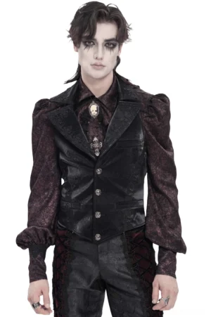 Black Victorian gothic waistcoat front full-body view worn by male model with lace-trimmed lapels and ornate cross buttons