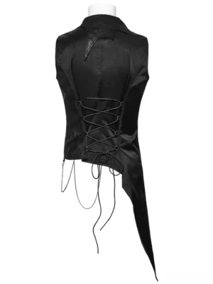 Gothic waistcoat on dress form displaying adjustable lace-up back system, rear perspective showing bungee lacing and metal eyelets