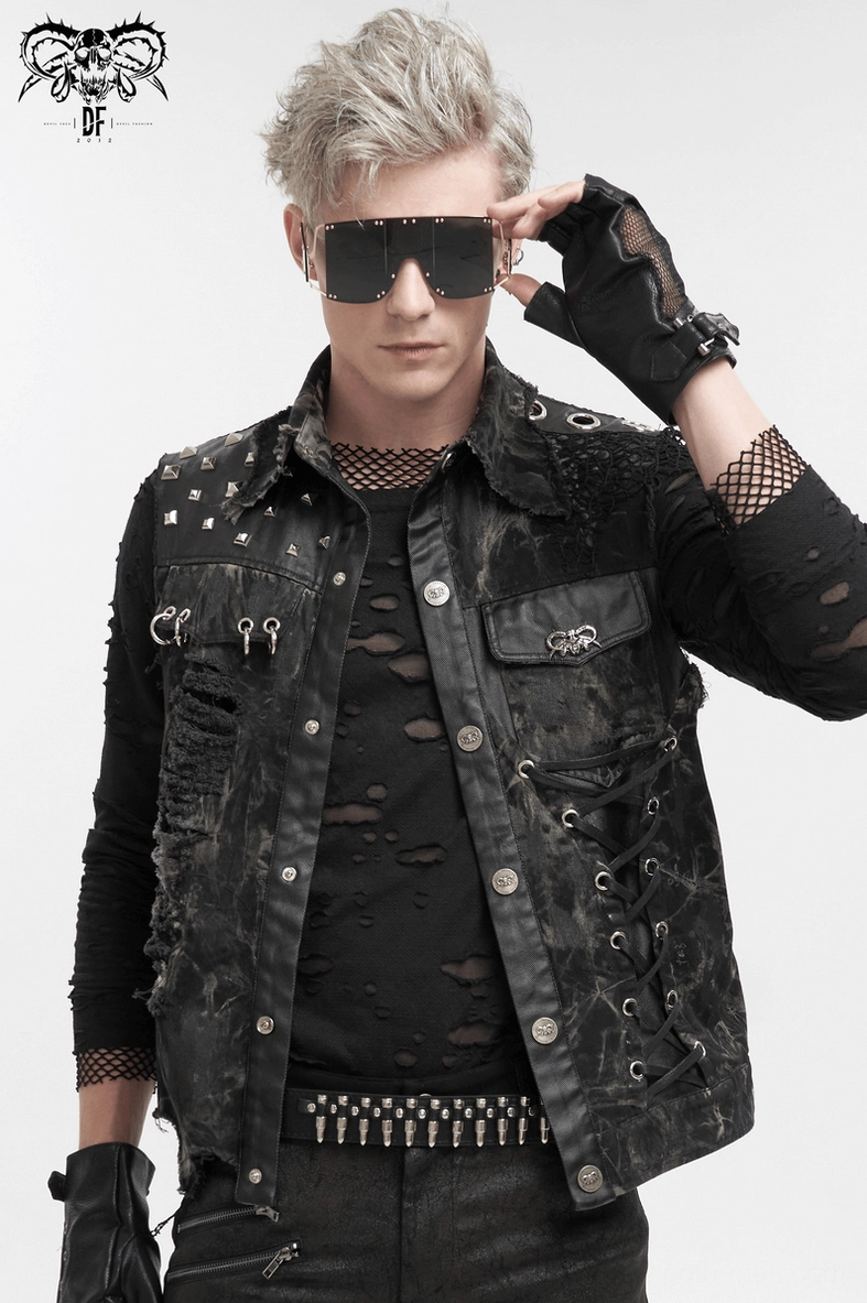 Detailed view of gothic punk waistcoat showcasing lace-up front and industrial rivet elements