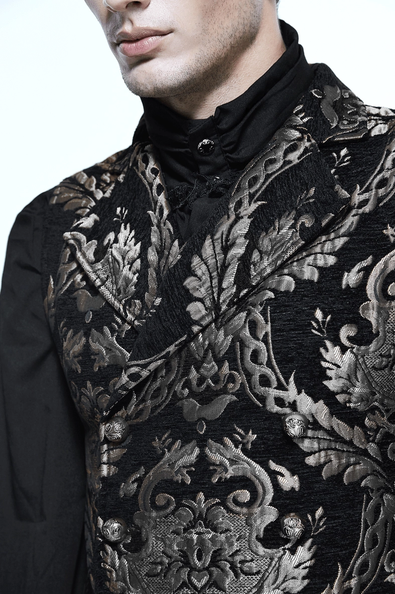 Gothic waistcoat neck-down front view peaked lapels damask pattern detail