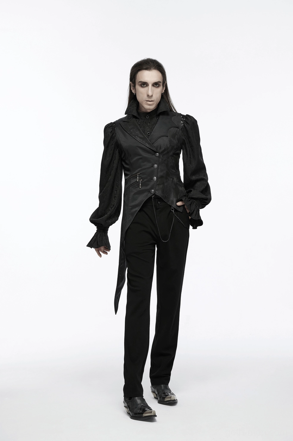 Black gothic waistcoat with irregular hemline and metal hardware layered over long-sleeve gothic print shirt styling
