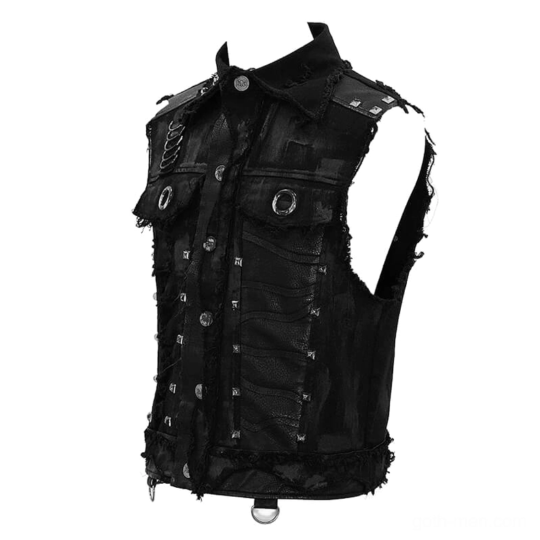 Left front angle gothic waistcoat showing studded collar and frayed sleeveless cuts