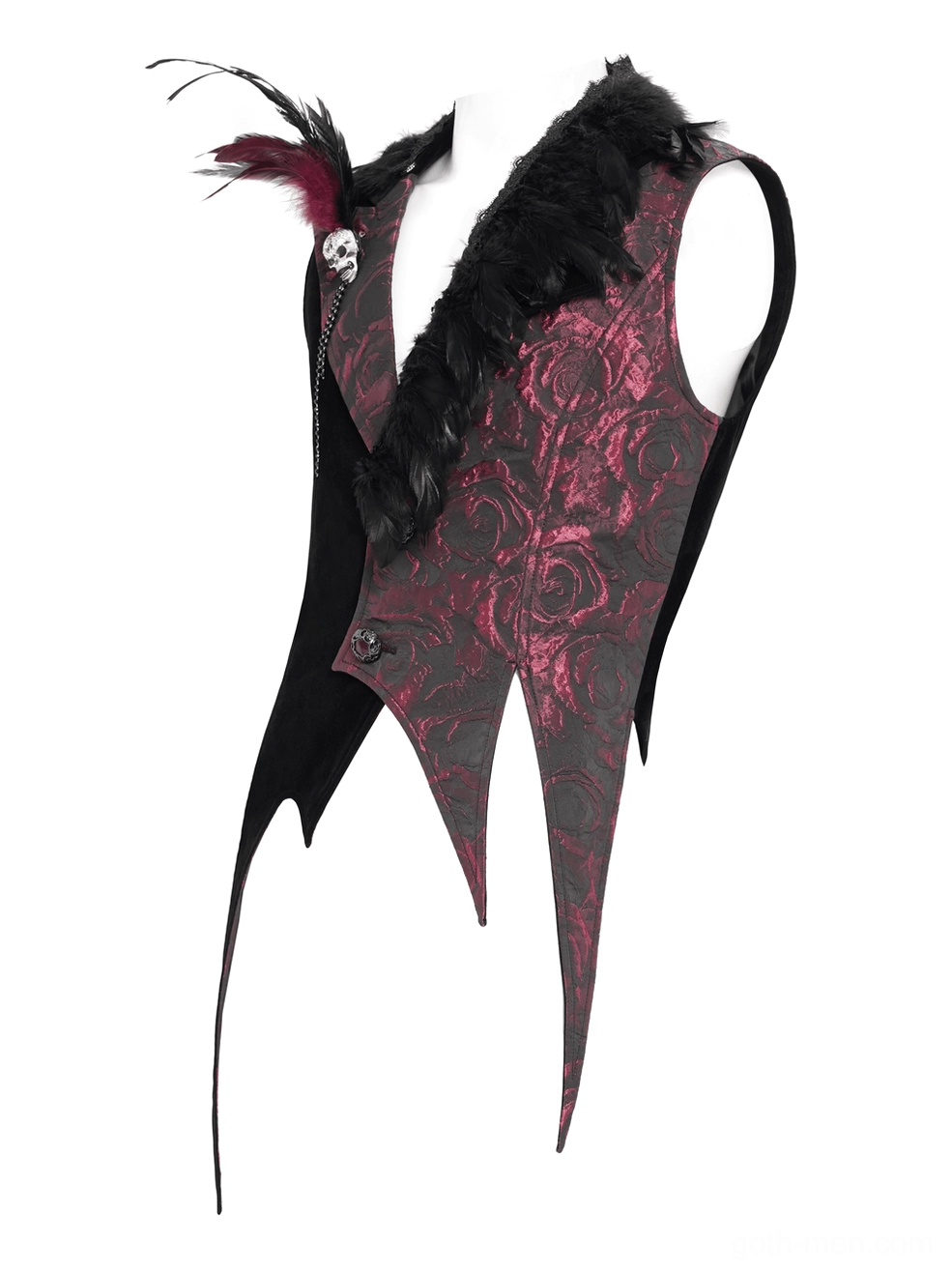 Left side view of wine red and black gothic waistcoat showing black feather lapel, skull brooch detail, and maroon feather accent