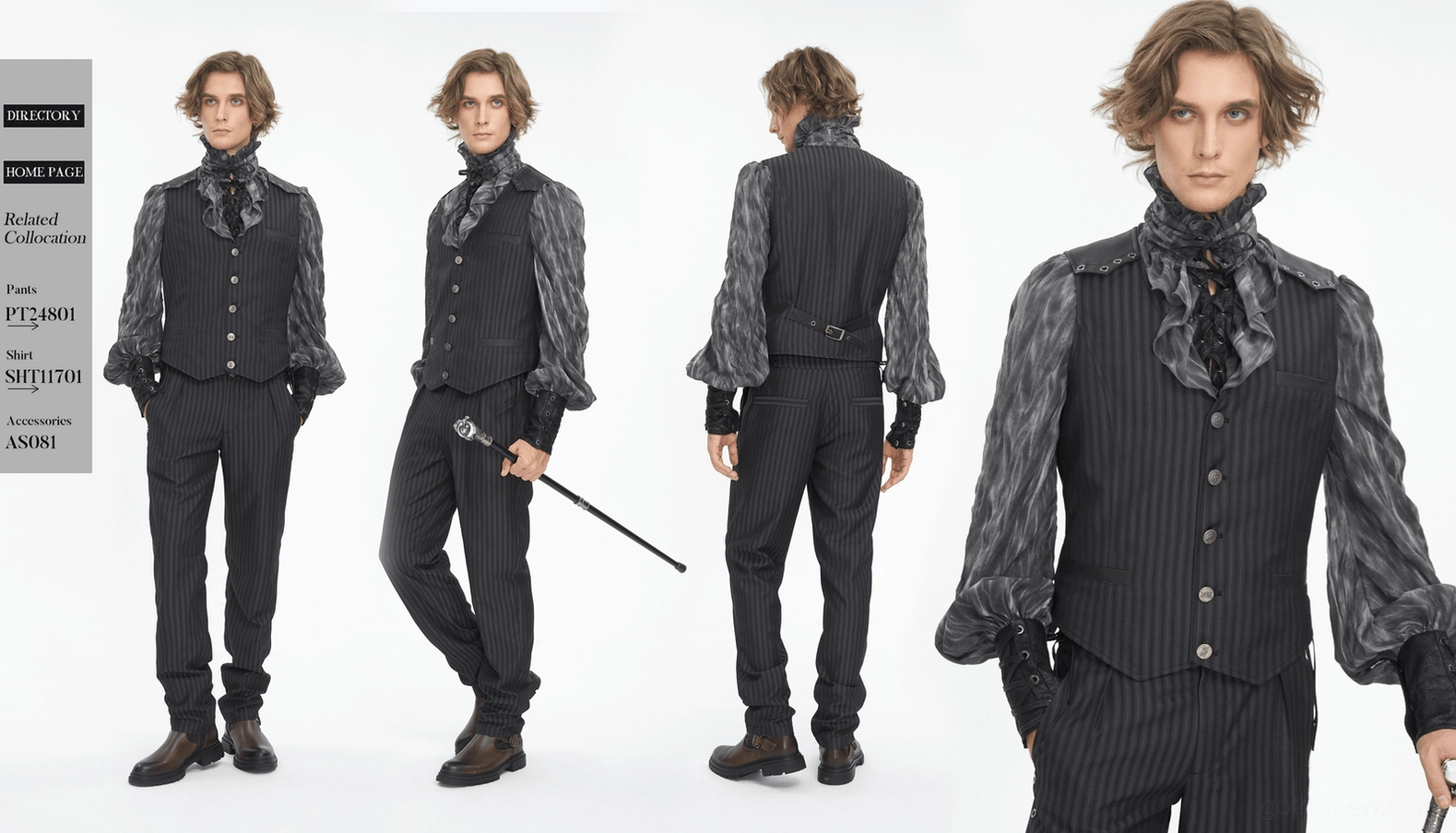 Black pinstriped gothic waistcoat product lifestyle image for goth subculture aesthetic
