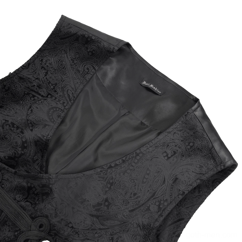 Close-up detail of black gothic waistcoat showing satin inner lining and jacquard outer fabric