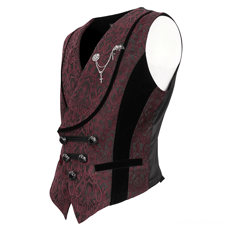 Gothic waistcoat on dress form mannequin three-quarter view, displaying intricate cross brooch and double-breasted metal button fastening