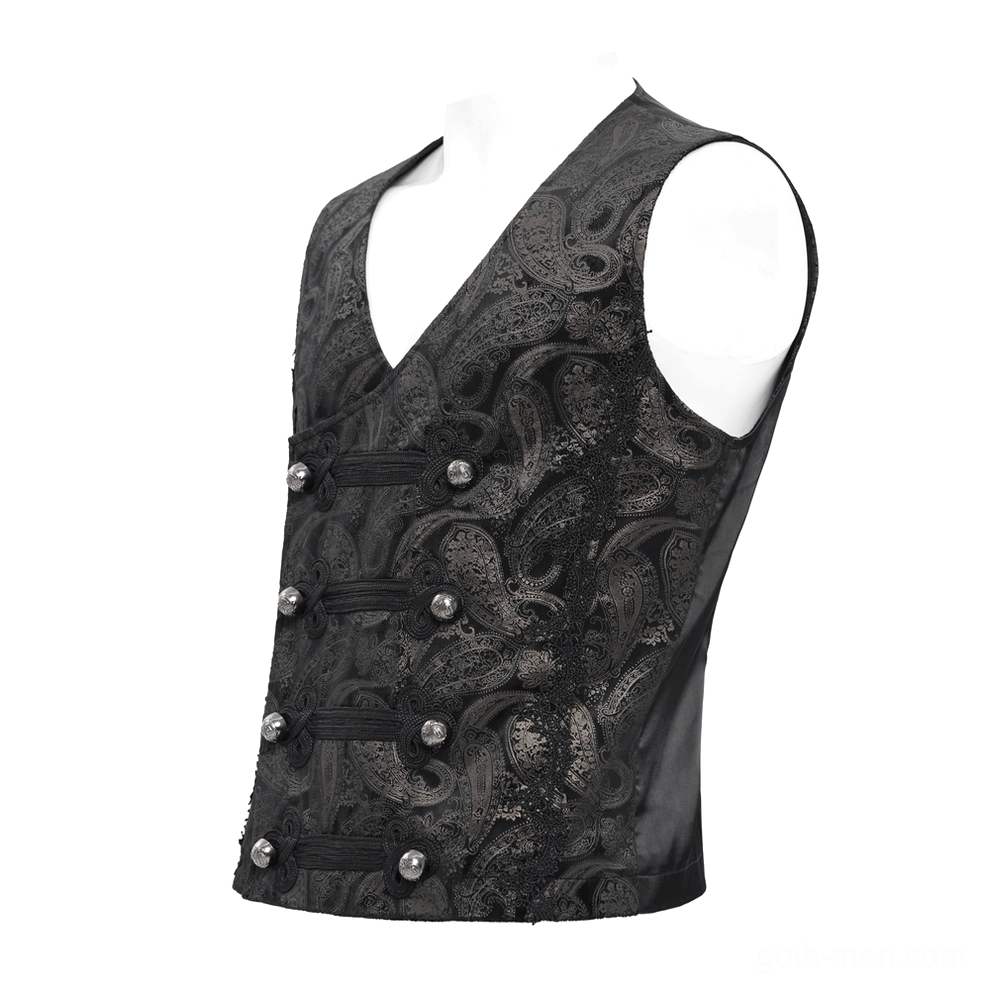 Black jacquard paisley waistcoat displayed on dress form mannequin with metal button and frog fastener details