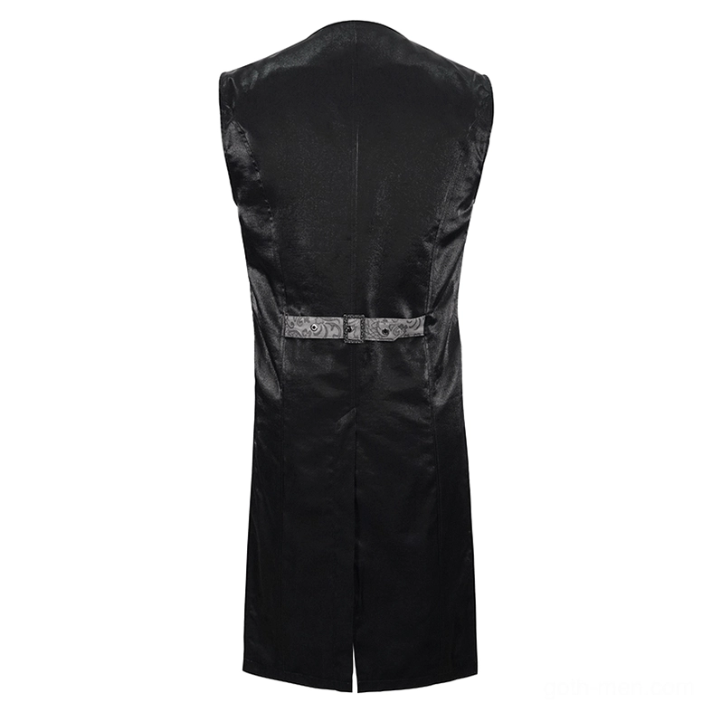 Back product display of men's gothic tailed waistcoat with adjustable waist buckle and extended black satin tail