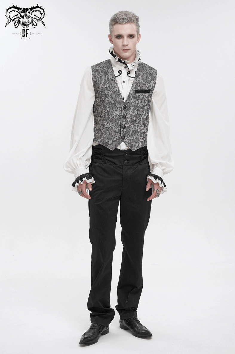 Men's gothic tailed waistcoat featuring the contrast between gray jacquard front and black satin back design