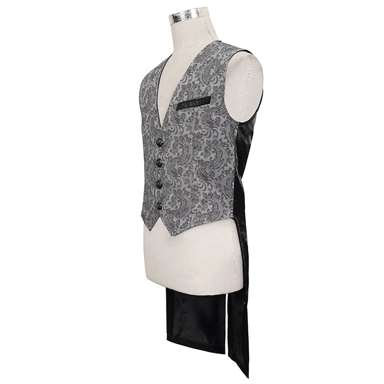 Full front view of men's gothic tailed waistcoat on mannequin showing gray paisley jacquard and black side panels