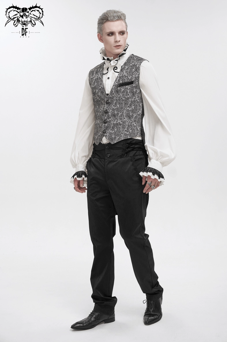 Men's gothic jacquard waistcoat detail showing the intricate paisley pattern weave and textured fabric composition
