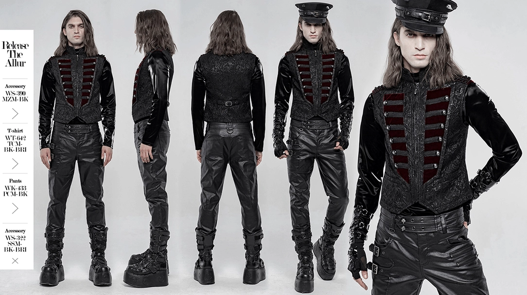 Full-body front view of black jacquard velvet gothic waistcoat on male model
