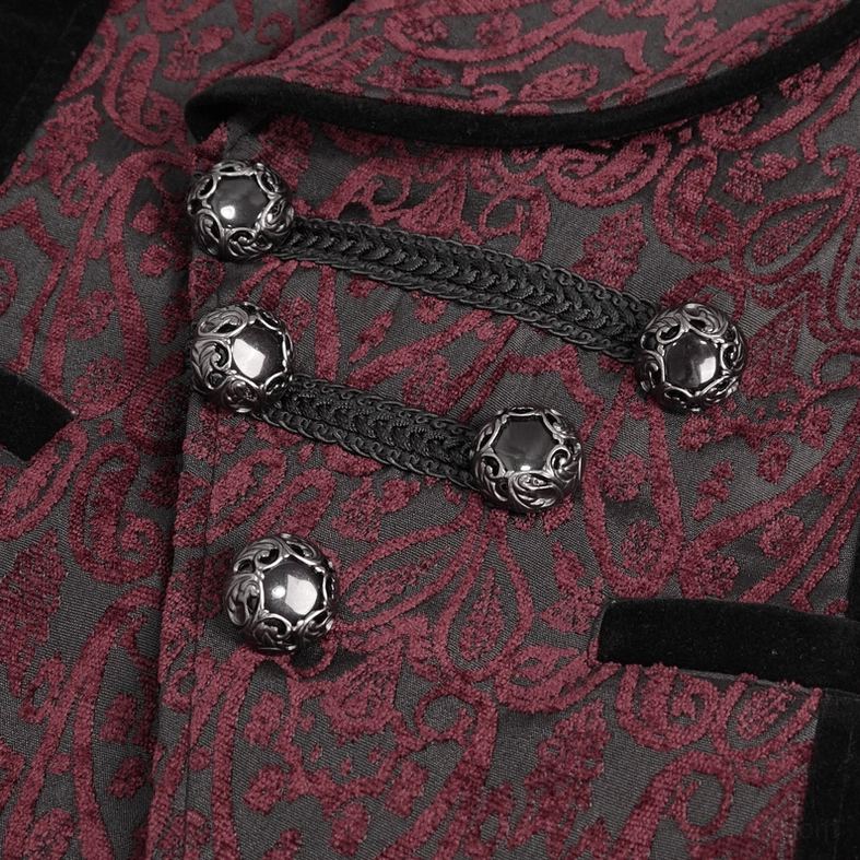 Gothic waistcoat embossed metal button and braided fabric trim close-up detail showing quality craftsmanship