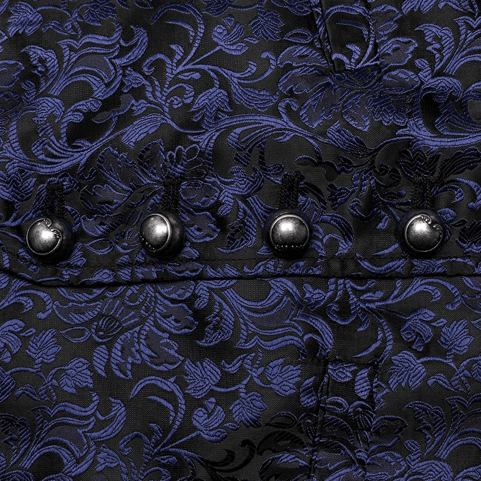 Close-up detail of gothic waistcoat front metal buttons and blue floral jacquard fabric weave showing vintage-inspired button design and texture