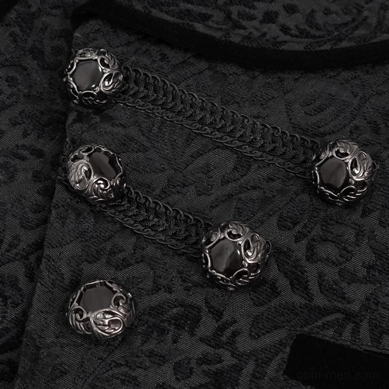 Black gothic waistcoat double-breasted metal button detail, carved vintage-style hardware with chain decoration
