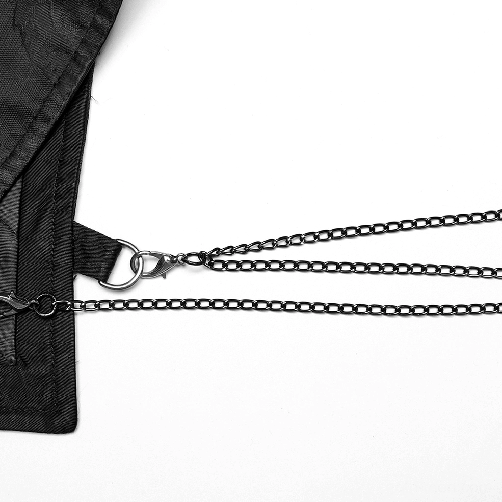 Close-up of black metal chain clasp and connector clips on gothic waistcoat, industrial detail photography
