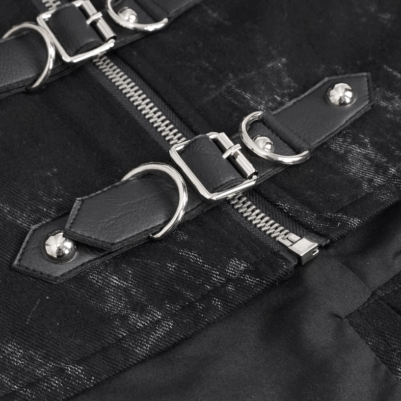 Black gothic waistcoat metal hardware details close-up showing leather straps, metal D-rings, zipper, and marbled fabric