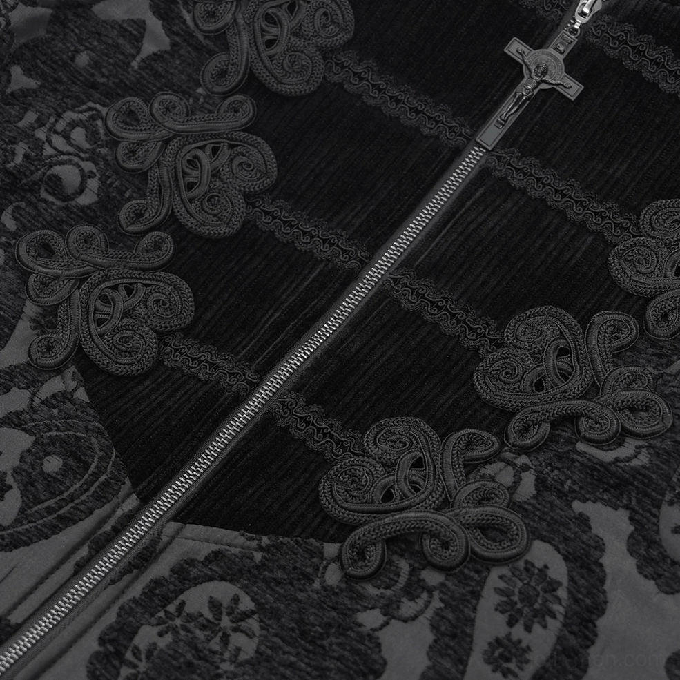 Gothic waistcoat cross zipper metal hardware and embroidery pattern close-up