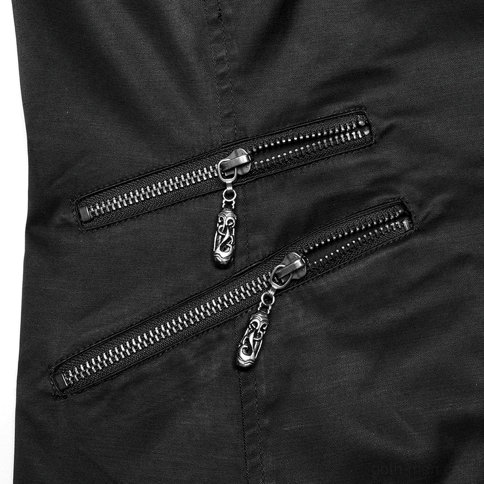 Detailed shot of dual metal zipper hardware on gothic waistcoat with decorative chain pendants attached to pockets