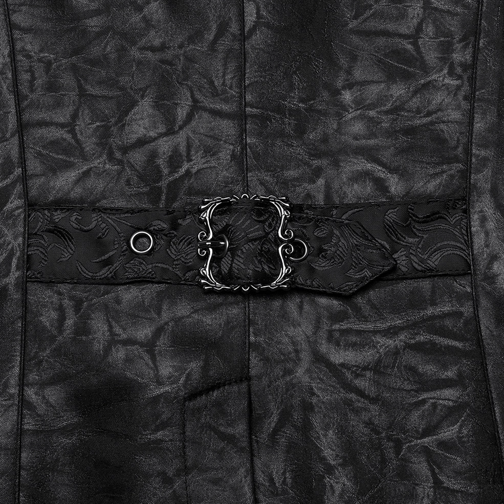 Black gothic waistcoat on goth model - alternative fashion styling with ruffled details and formal structure