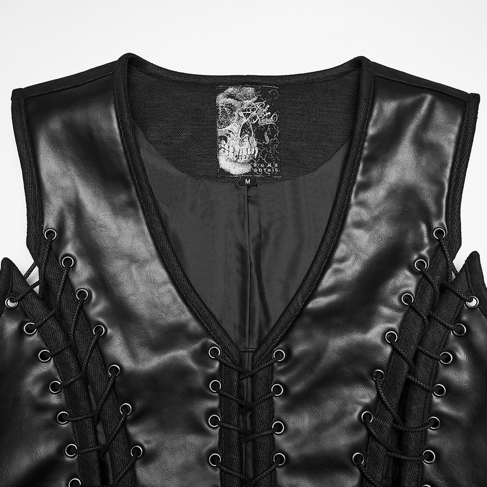 Black gothic waistcoat neck detail with skull printed inner lining and eyelet fasteners