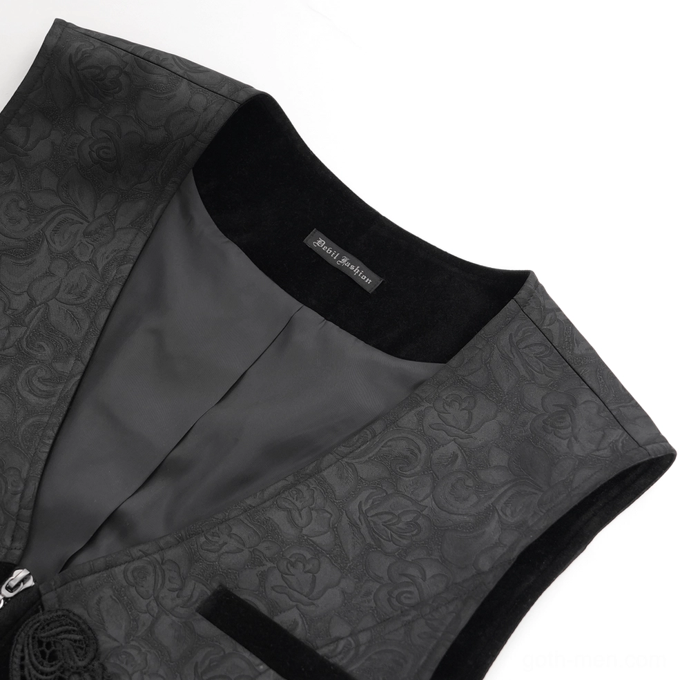 Close-up of gothic waistcoat neckline showing velvet inner lining and embossed floral exterior