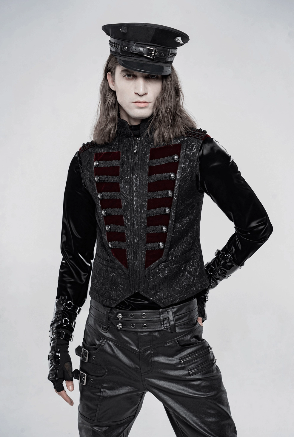 Top-down view of black jacquard gothic waistcoat showing collar stand and shoulder structure